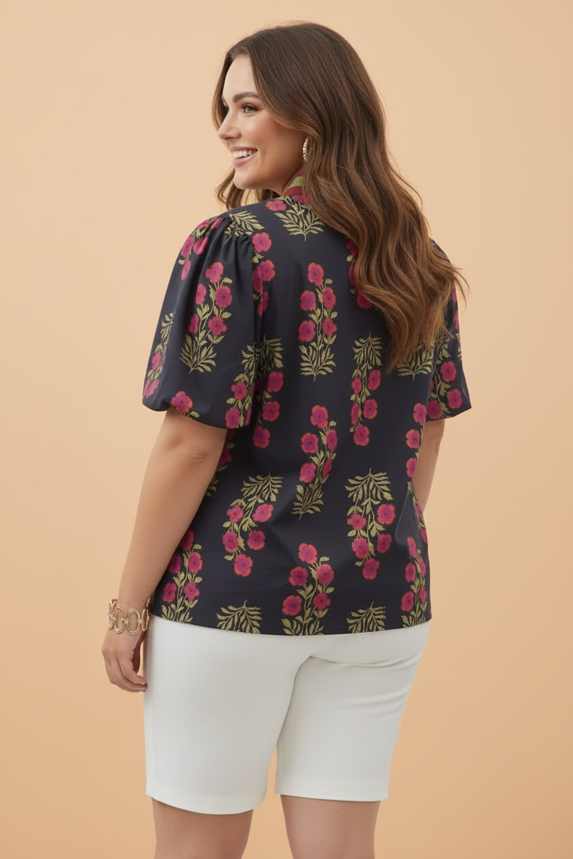 Floral Print Cotton Blouse with Ricrac Trim and Puff Sleeves - Image 7