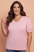 Plus size solid pink V-neck blouse with pleated puff sleeves