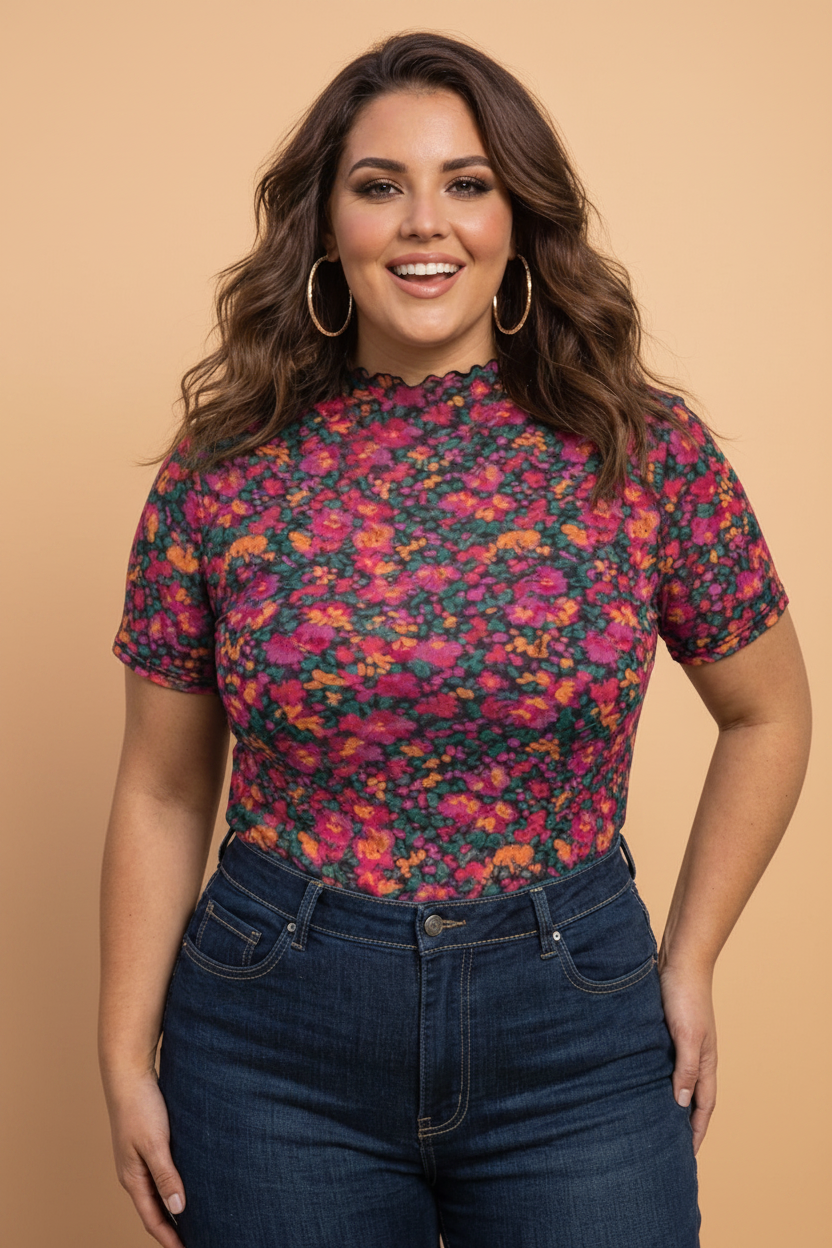 A woman wearing a vibrant floral mesh short sleeve top in pink, orange, green, and black.