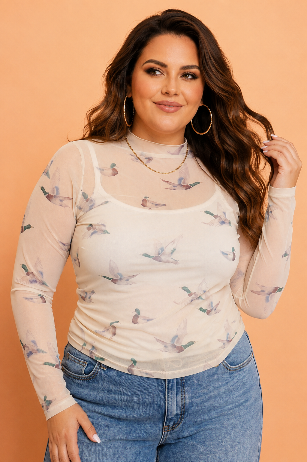 Plus Size Mallard Mesh Long Sleeve Tunic Blouse