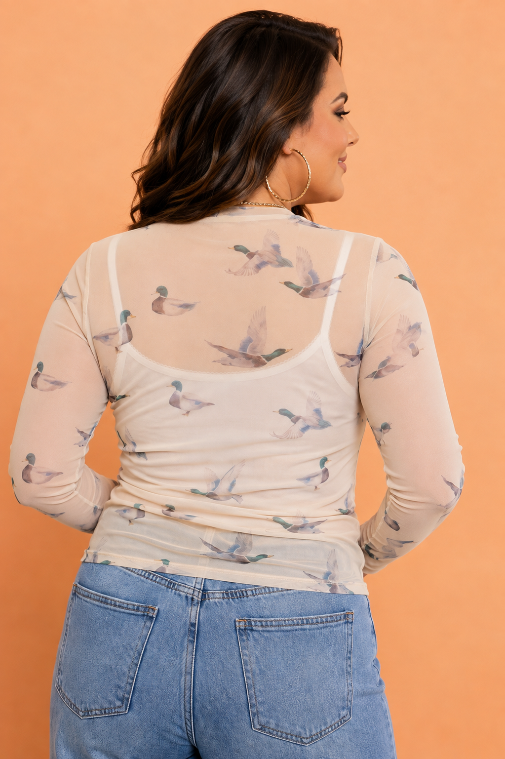 Plus Size Mallard Mesh Long Sleeve Tunic Blouse