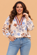 Plus Size Floral Collared V-Neck Long Sleeve Blouse