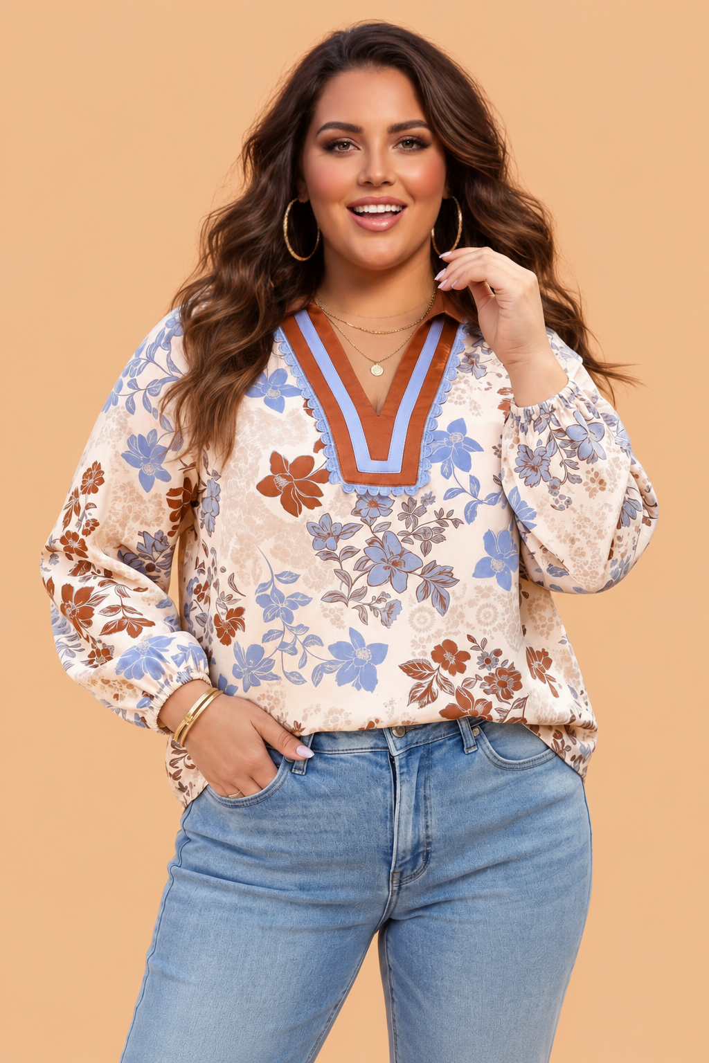 Plus Size Floral Collared V-Neck Long Sleeve Blouse