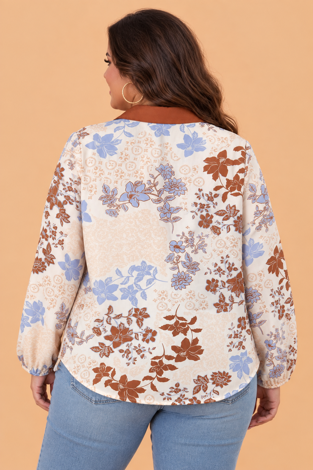 Plus Size Floral Collared V-Neck Long Sleeve Blouse