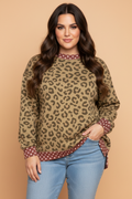 Plus Size Leopard Polka Dot Trim Long Sleeve Top