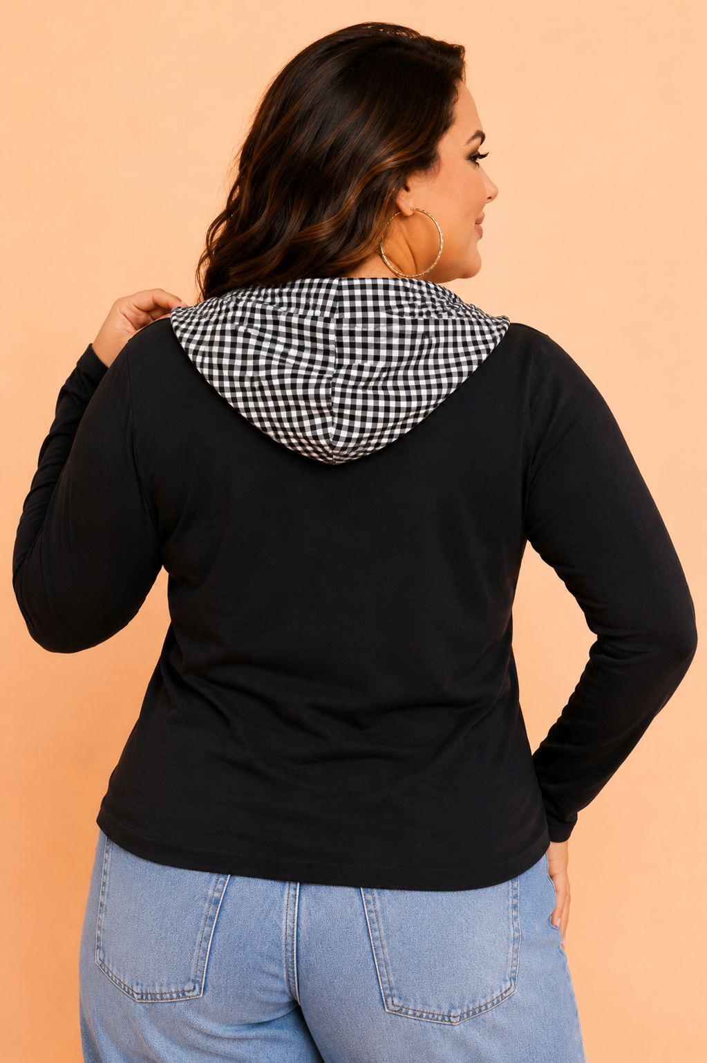 Plus Size Gingham Patchwork Long Sleeve Hooded Blouse