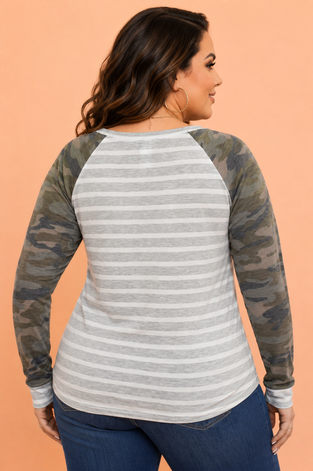 Plus Size Stripe Camo Raglan Long Sleeve Blouse