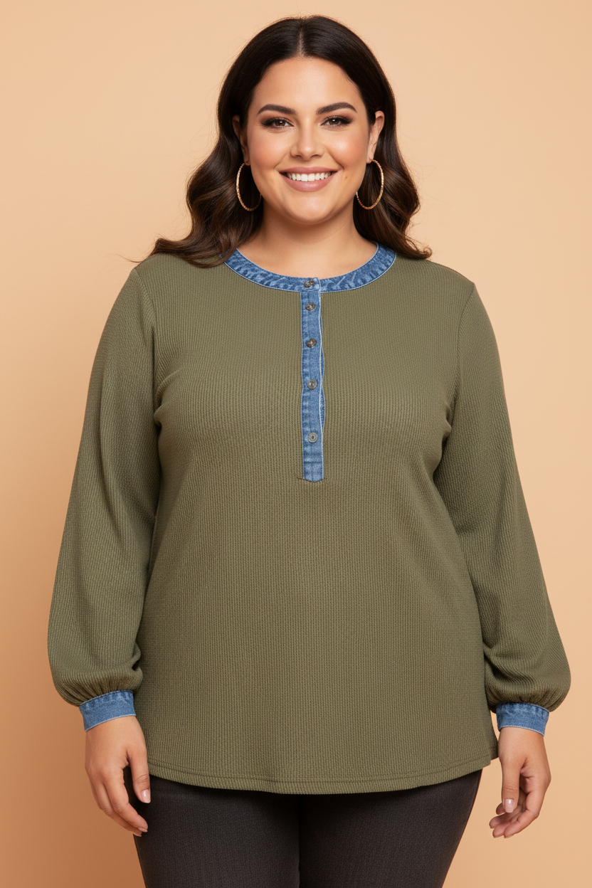 Plus Size Denim Contrast Trim Long Sleeve Henley Blouse