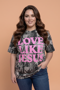 Woodland camo patterned t-shirt with 'LOVE LIKE JESUS' graphic text in grey and pink