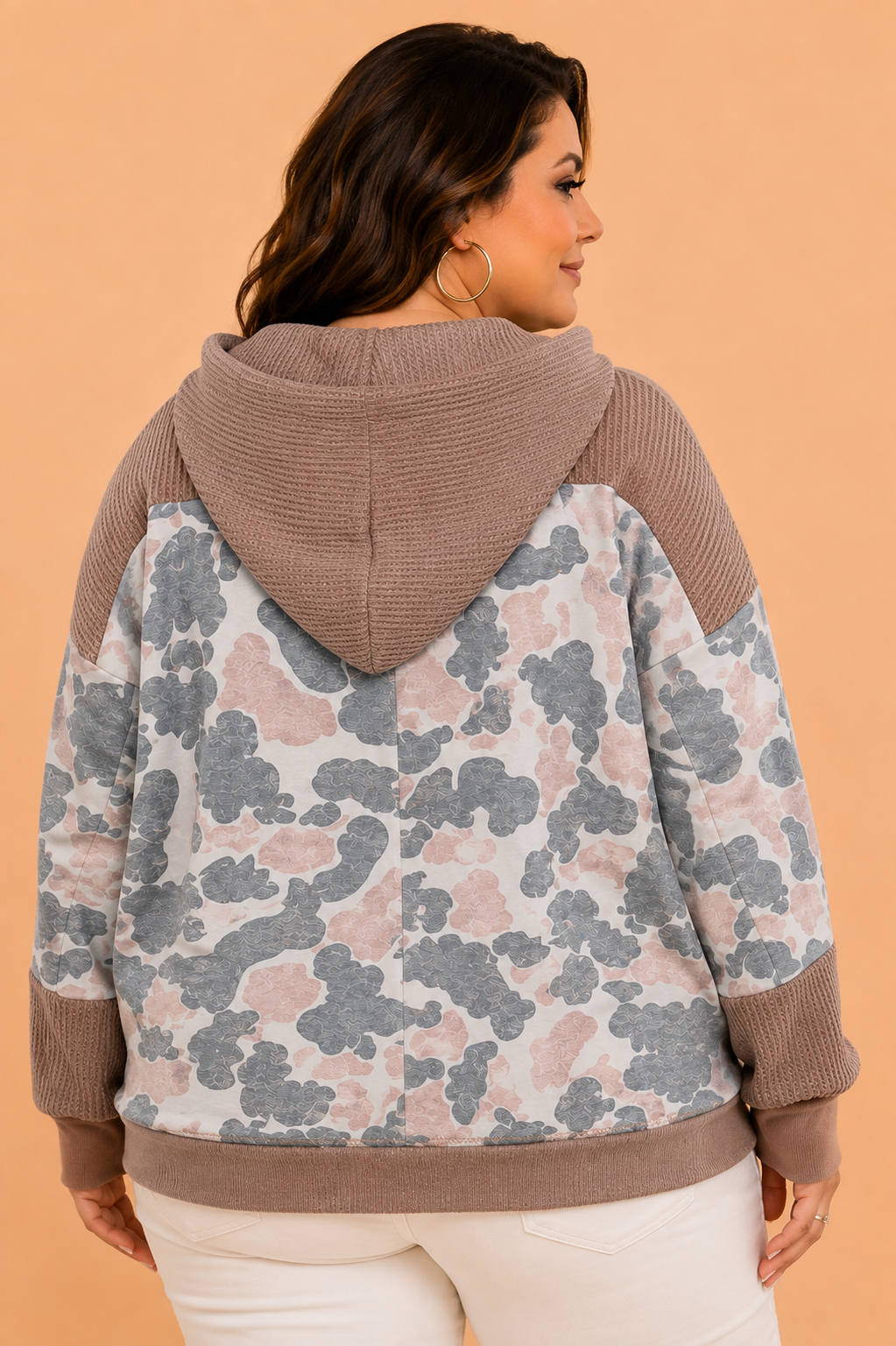Plus Size Camo Waffle Knit Patchwork Half Zip Hoodie