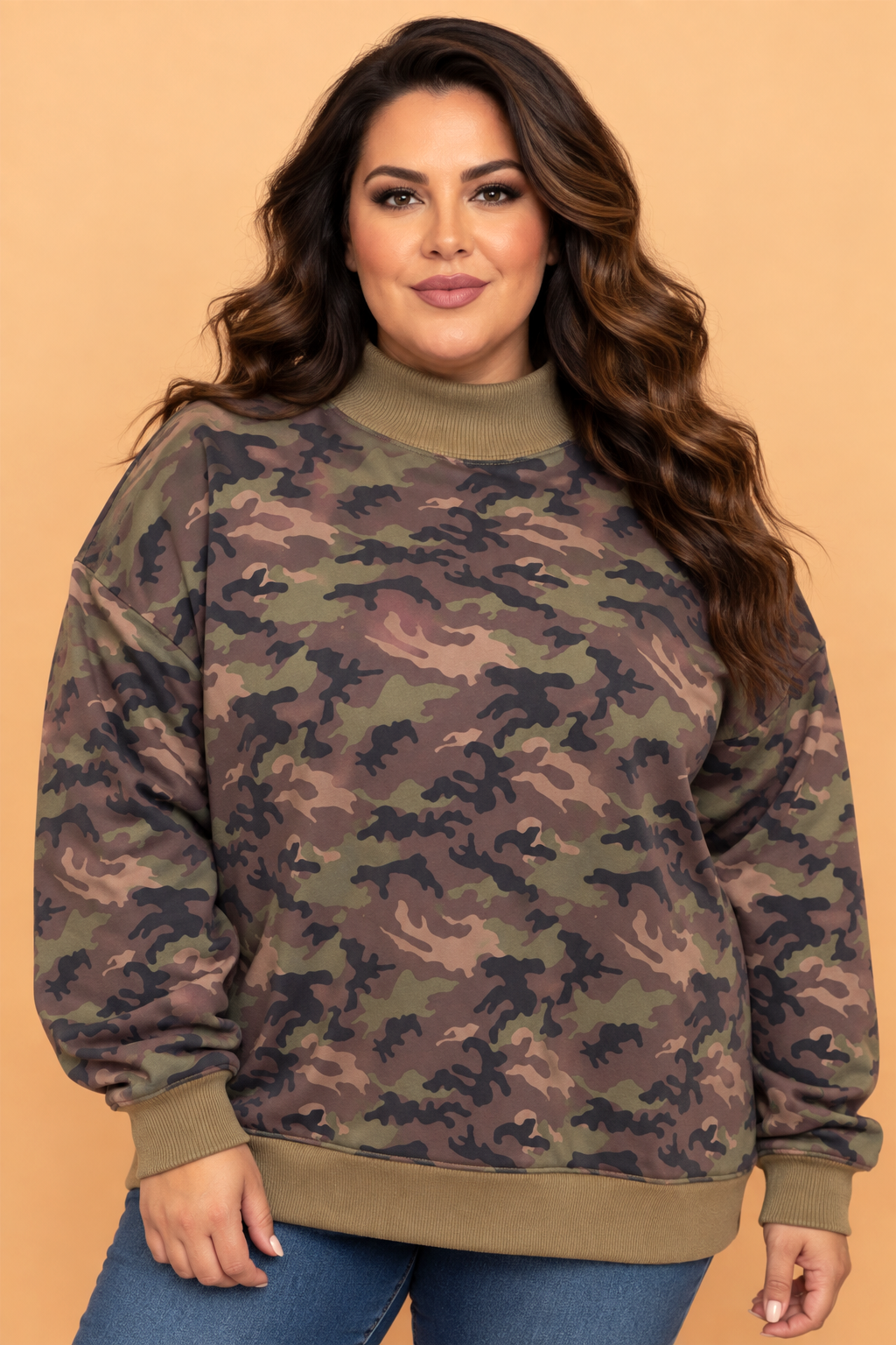 Plus Size Camo Mock Neck Oversized Sweatshirt