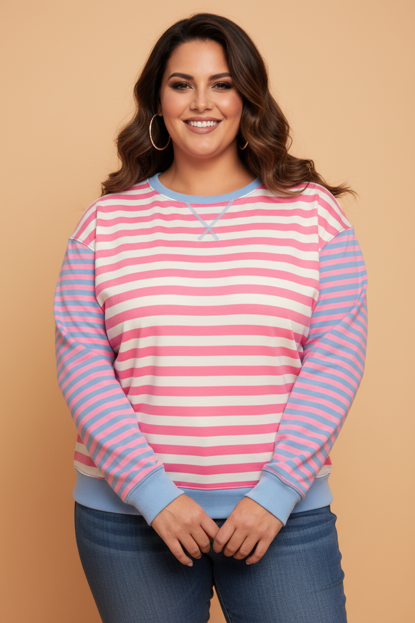 Plus Size Colorblock Stripe Crewneck Sweatshirt