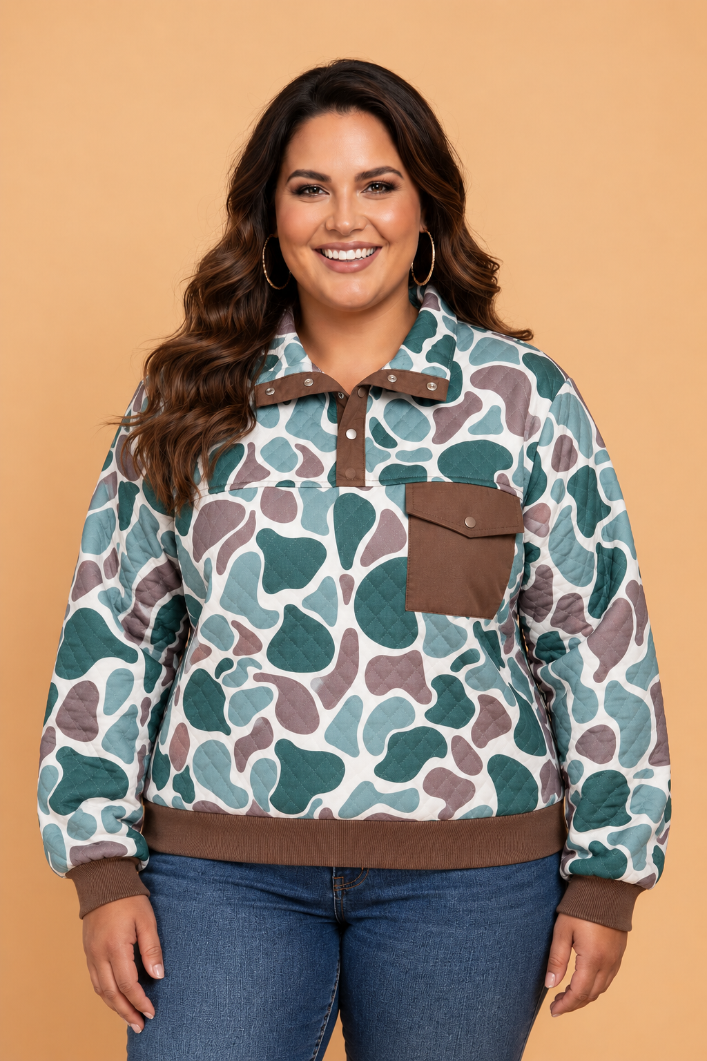 Plus Size Camo Colorblock Snap Button Collared Sweatshirt