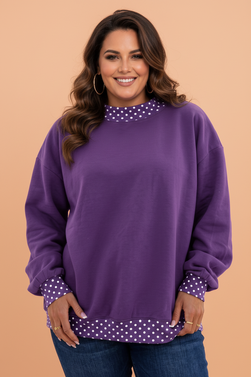 Plus Size Polka Dot Contrast Trim Mock Neck Sweatshirt