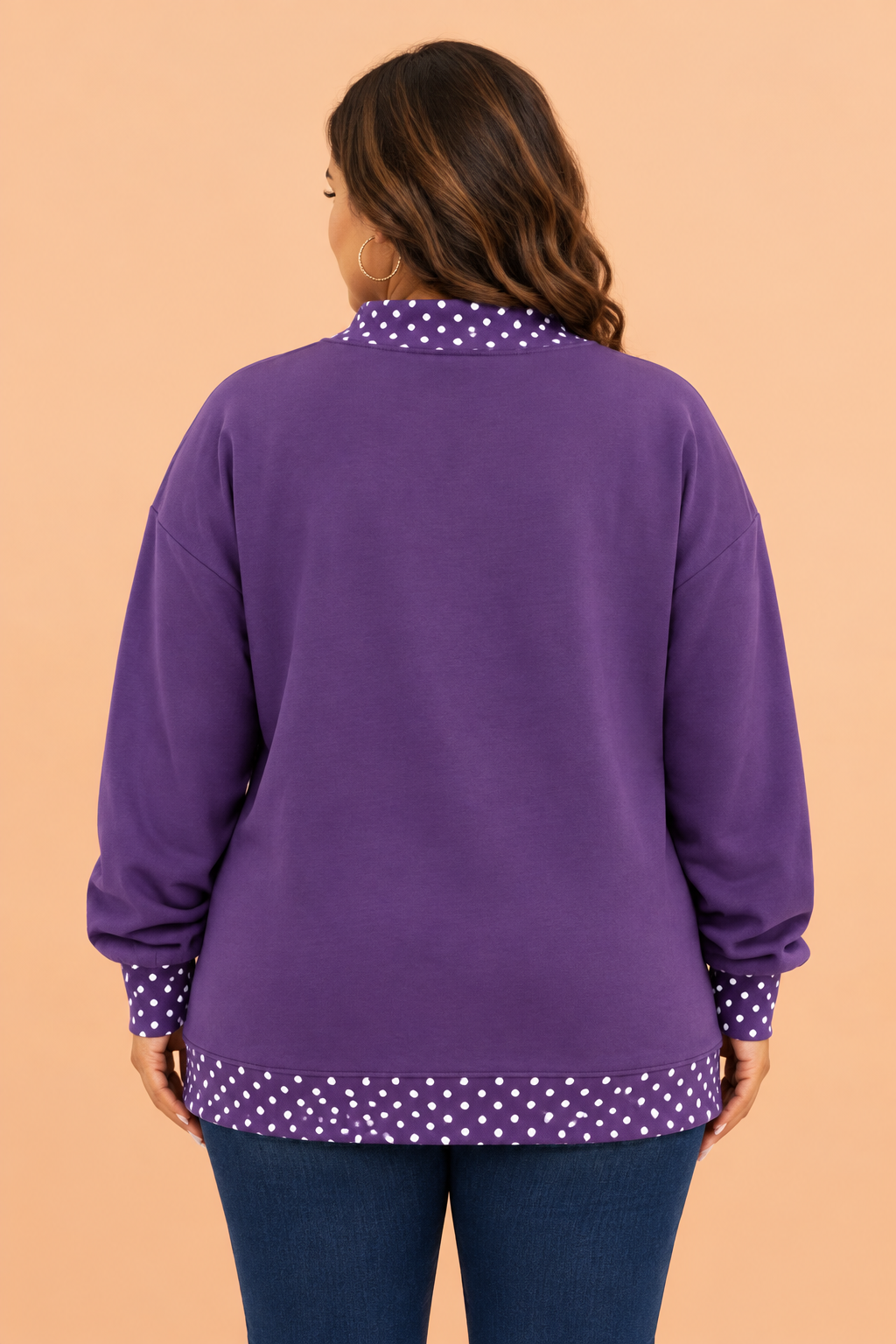 Plus Size Polka Dot Contrast Trim Mock Neck Sweatshirt