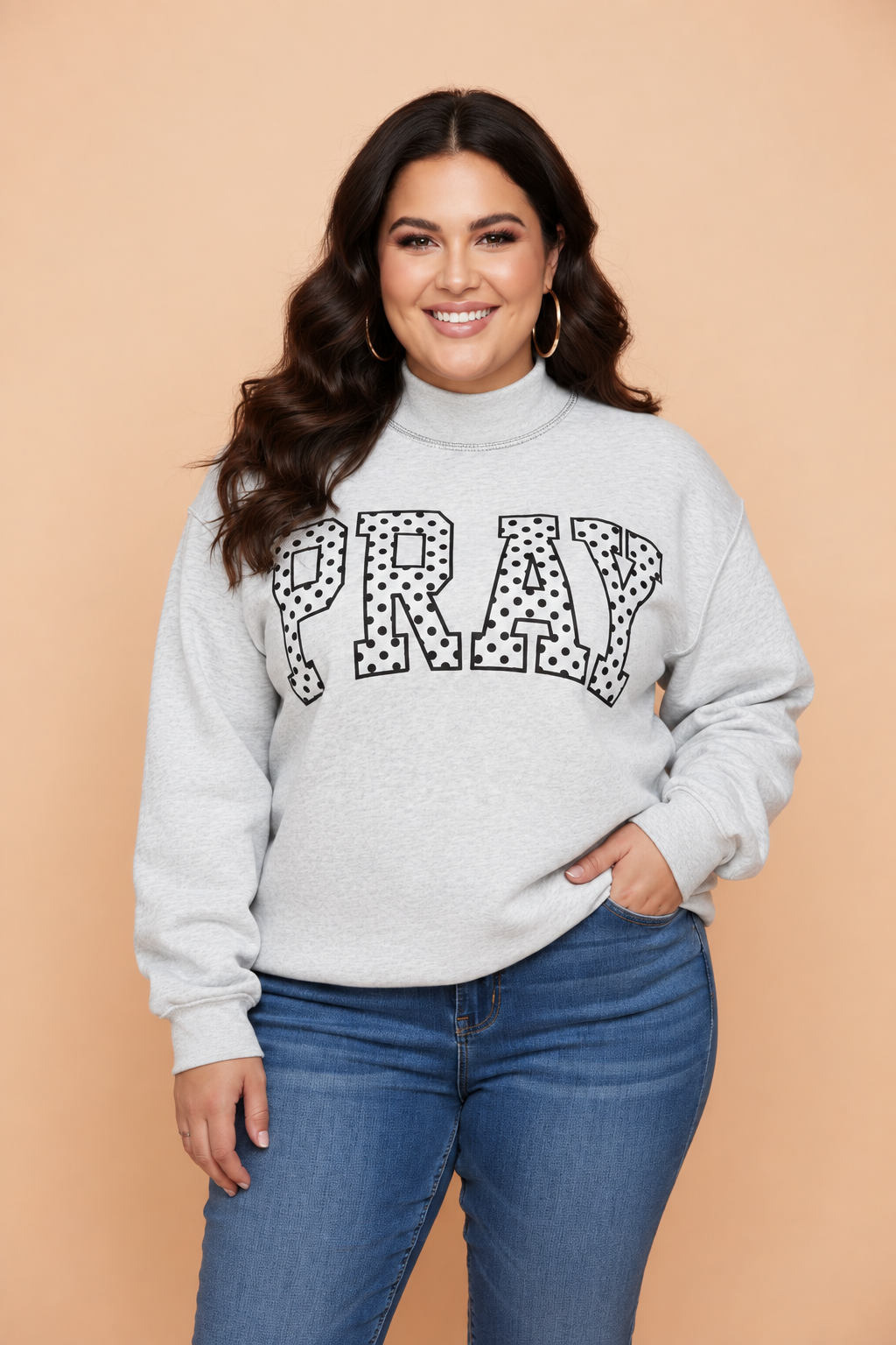 Plus Size PRAY Polka Dot Exposed Seam Mock Neck Sweatshirt