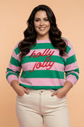 Plus Size Christmas HOLLY JOLLY Embroidered Stripe Sweatshirt