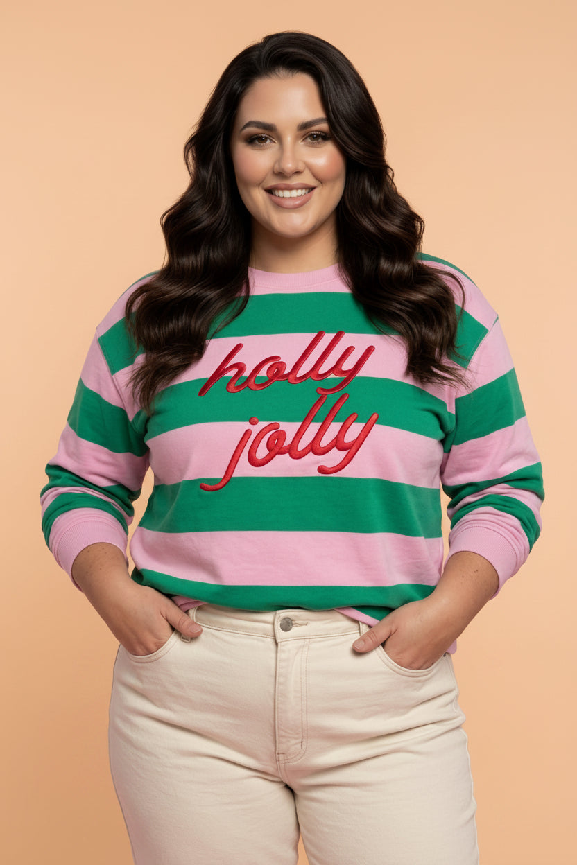 Plus Size Christmas HOLLY JOLLY Embroidered Stripe Sweatshirt