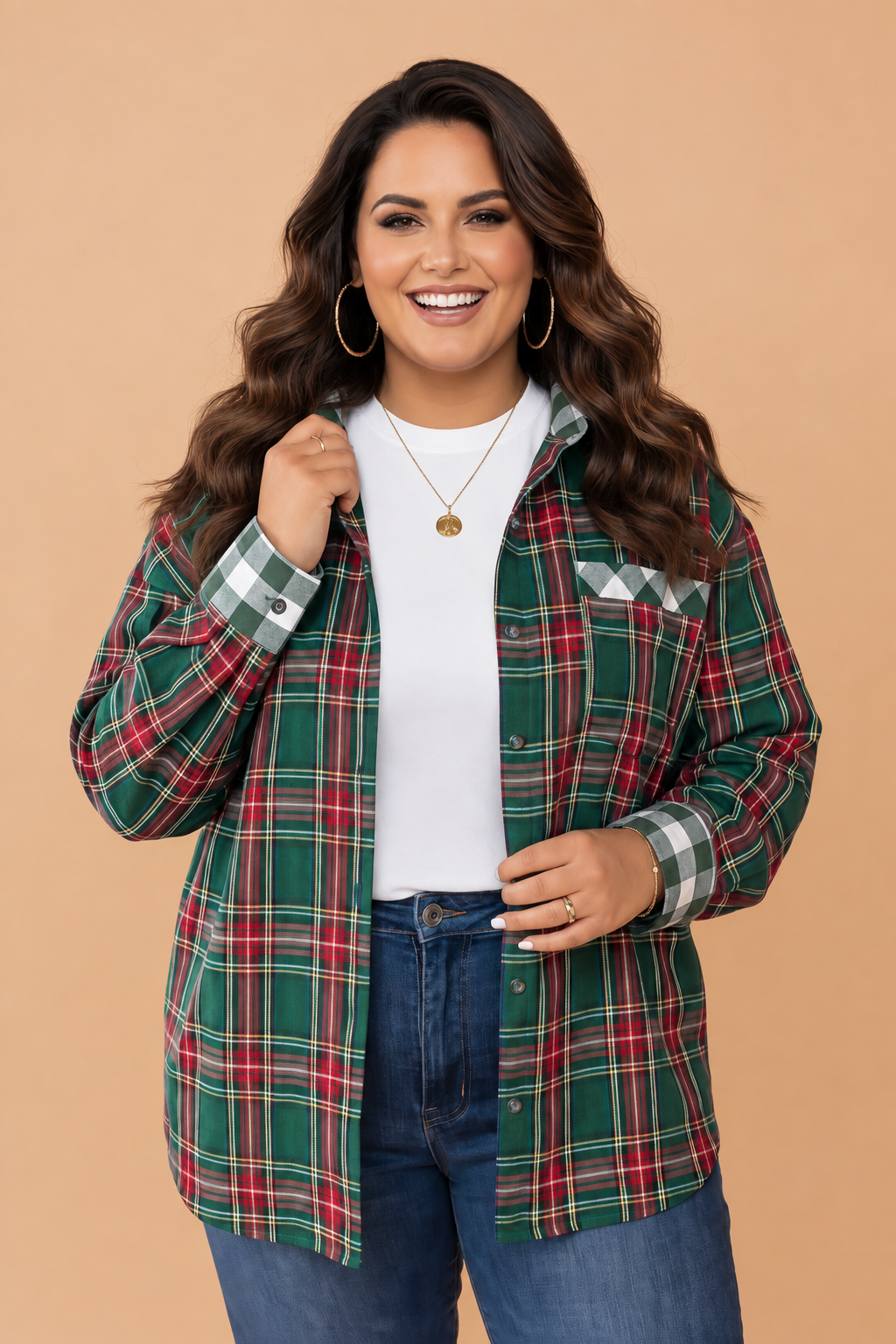 Plus Size Plaid Long Sleeve Buttoned Shirt