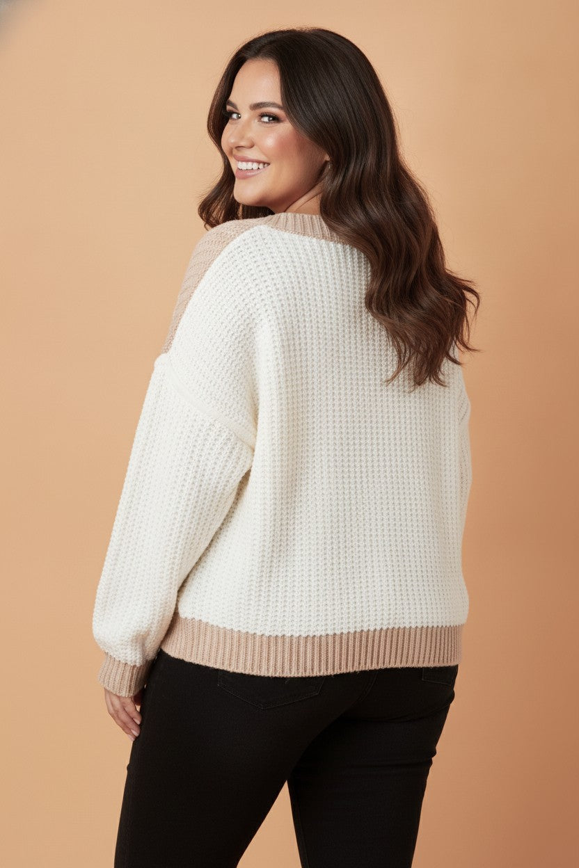 Plus Size Colorblock Textured Reverse Seam V-Neck Sweater