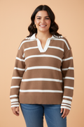 Plus Size Stripe Collared V-Neck Exposed Seam Sweater