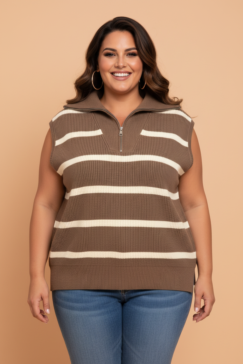 Plus Size Stripe Half-Zip Short Sleeve Knit Top