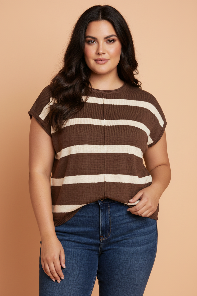 Plus Size Stripe Short Sleeve Sweater Knit Top