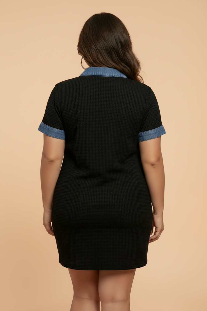 Denim Colorblock Polo Collar Mini Dress with Button Placket