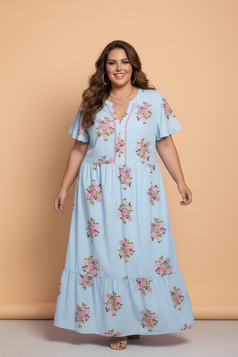 Woman wearing a flowy light blue floral maxi dress with pink scalloped trim and V-neckline.