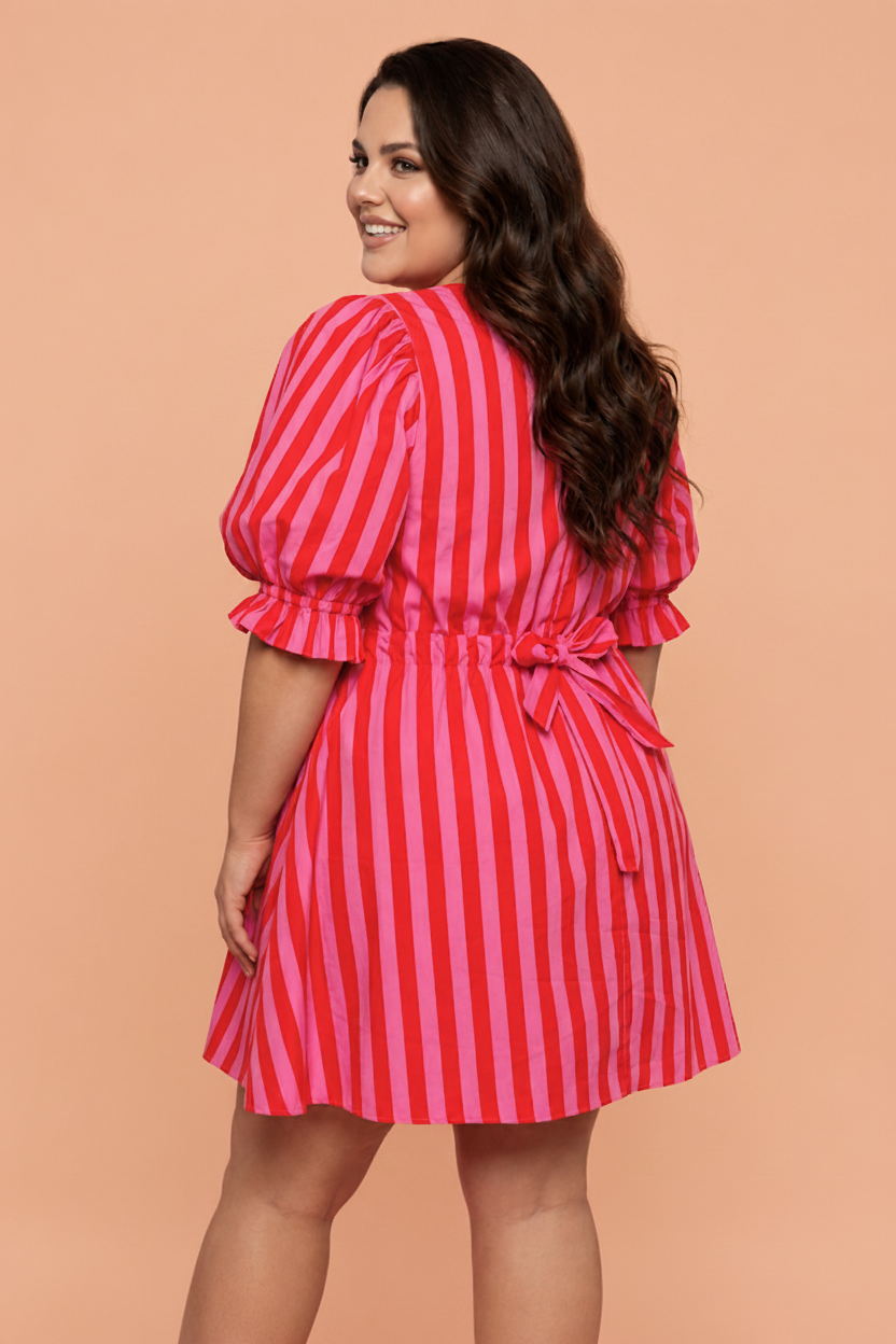 Stripe Frilled Collar Button Mini Dress in Red and Fuchsia Pink