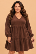 Plus Size Solid Corduroy Long Sleeve Mini Dress