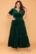 Plus Size Velvet Shirred Waist Tiered Maxi Dress