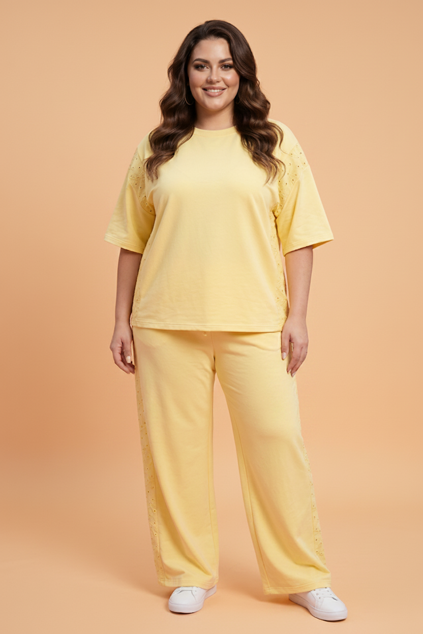 Yellow Eyelet Embroidered Patchwork Top & Wide-Leg Pants Set