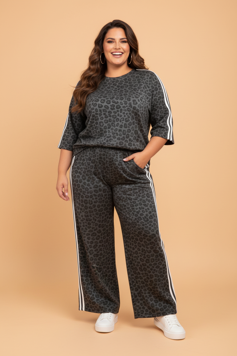 Plus Size Leopard Varsity Stripe Top & Pants Set