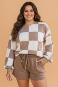 Plus Size Checker Long Sleeve Top & Solid Shorts Set