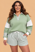 Plus Size Stripe Patchwork Polo Sweatshirt & Shorts Set