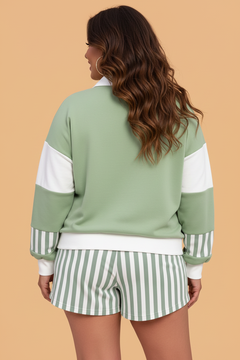 Plus Size Stripe Patchwork Polo Sweatshirt & Shorts Set