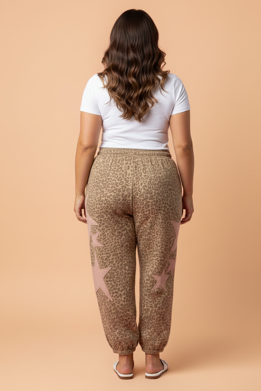 Leopard Star Patch Jogger Pants in Brown Tan and Blush-Pink