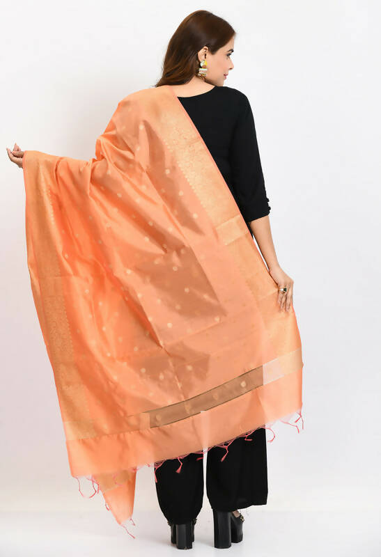 Peach Banarsi Silk Dupatta with Geometric Woven Design