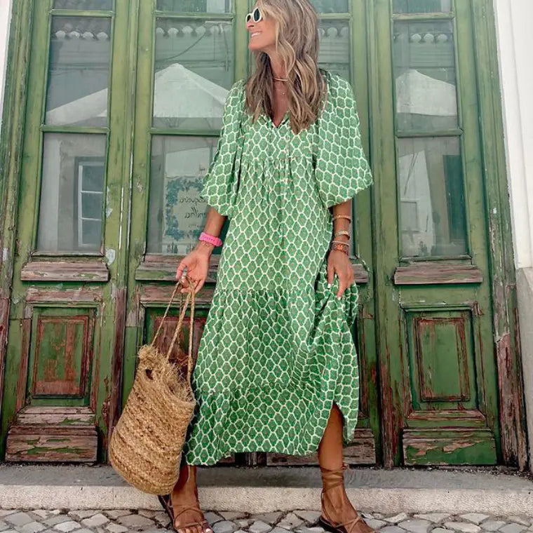 Women's Diamond Print Maxi Dress with V-Neck and Puff Sleeves - Image 30