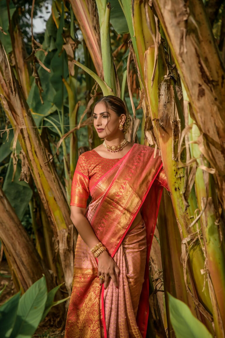 Women's Peach Kanjivaram Silk Zari Woven Saree with Red Blouse