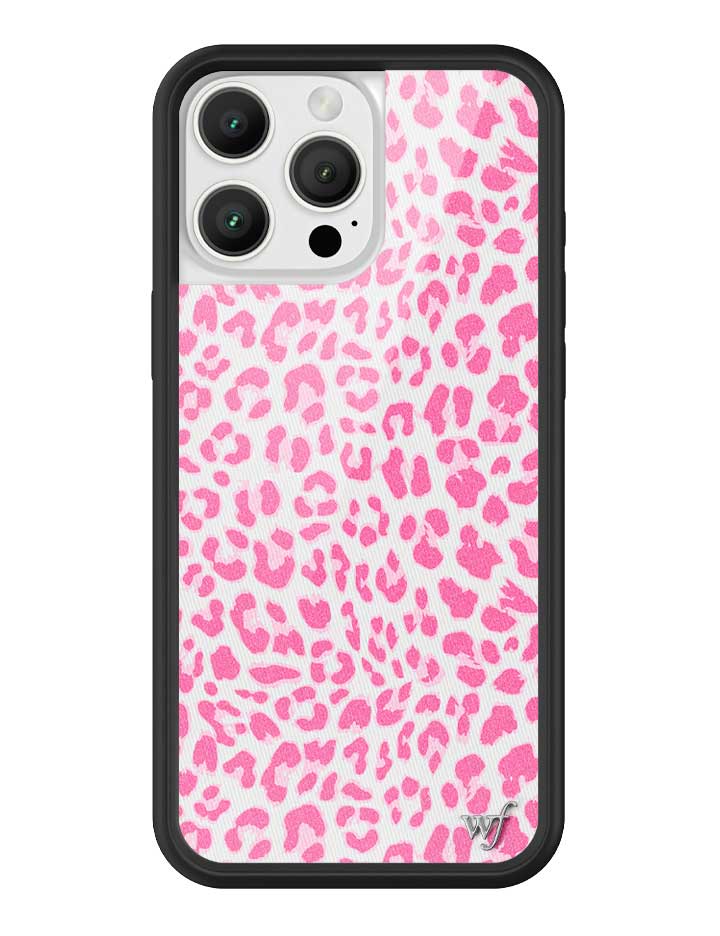 Meow pink iPhone case featuring animal print design with silver signature hardware detail