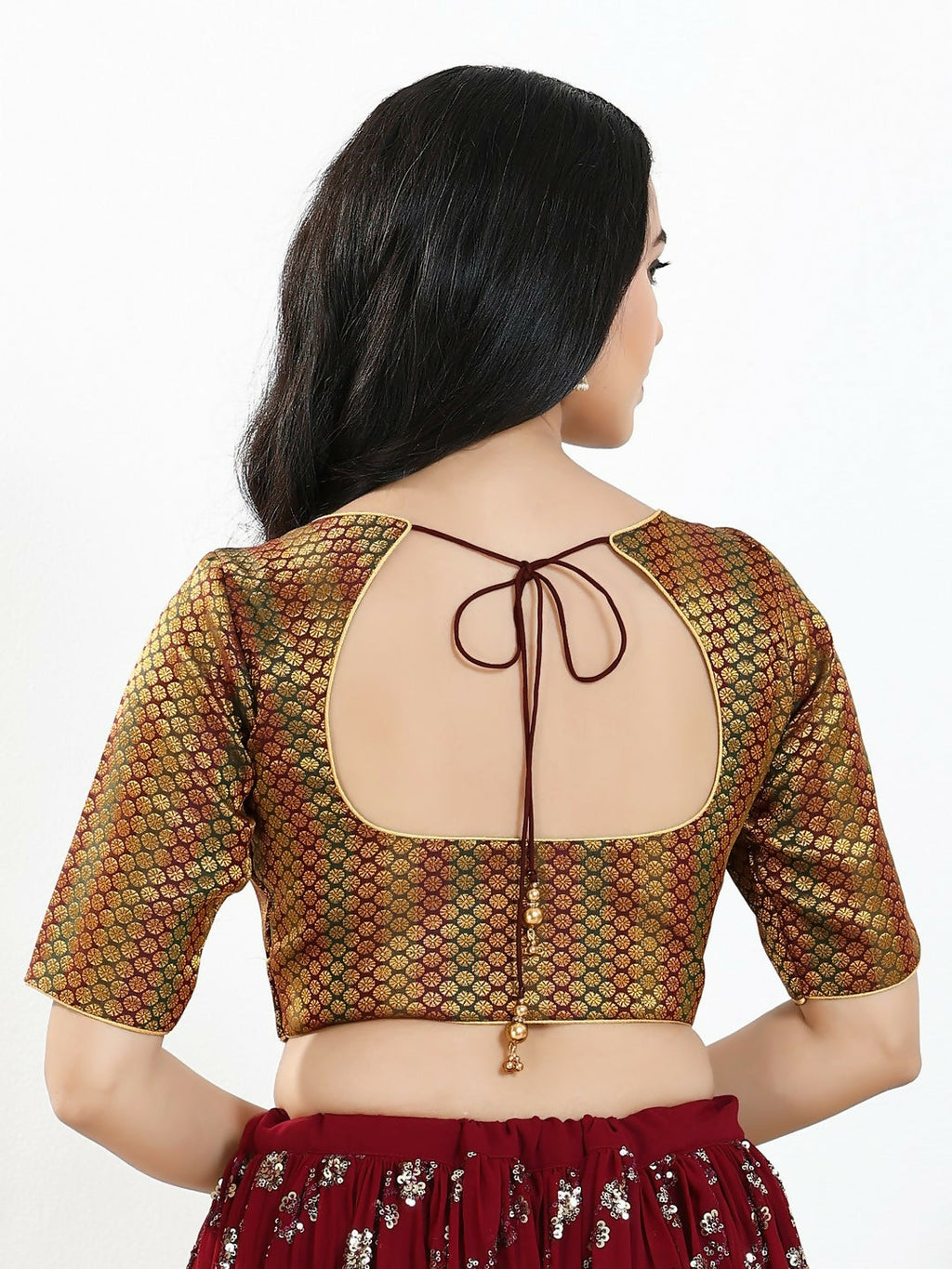 Dark Maroon Brocade Padded Blouse with Sweetheart Neck