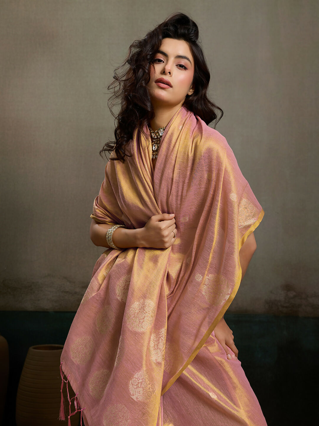 Light Pink Tissue Silk Saree with Matching Elegant Blouse