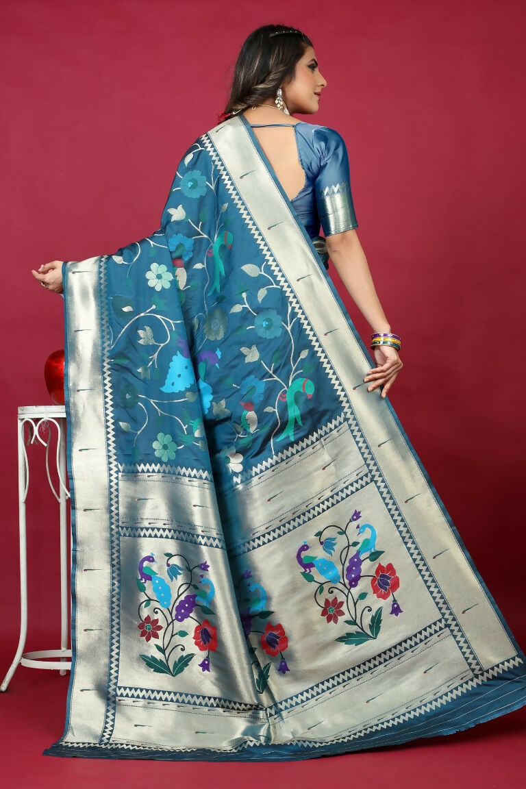 Teal Paithani Silk Saree with Silver Zari Floral Motifs