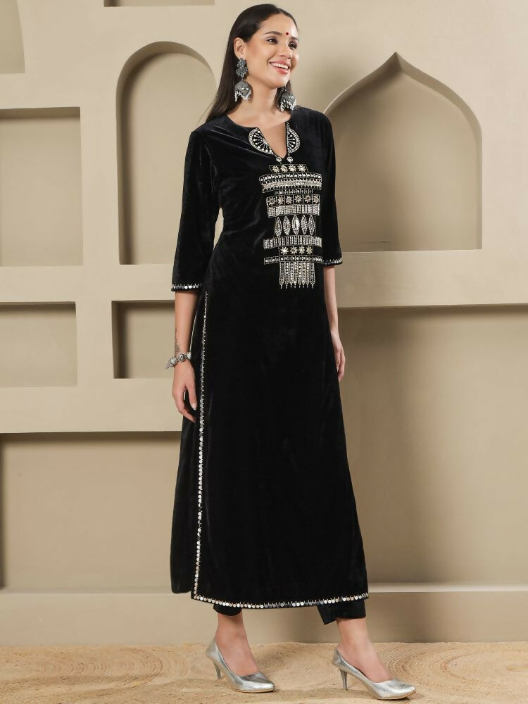 Black Velvet Kurta Set with Hand Embellishment - Stitched 2-Piece