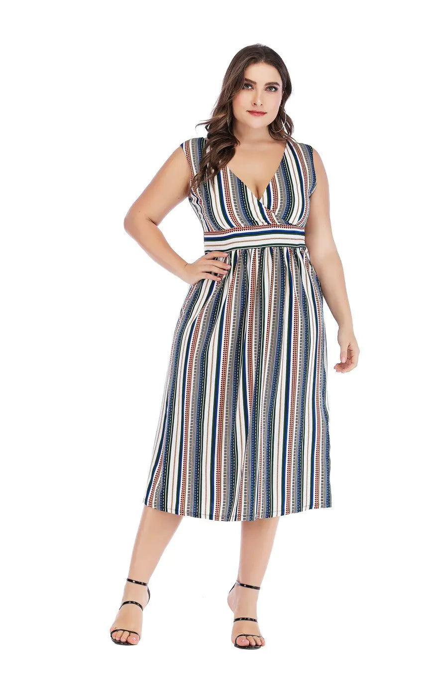 Women's V-Neck Sleeveless Striped Midi Dress - Image 7