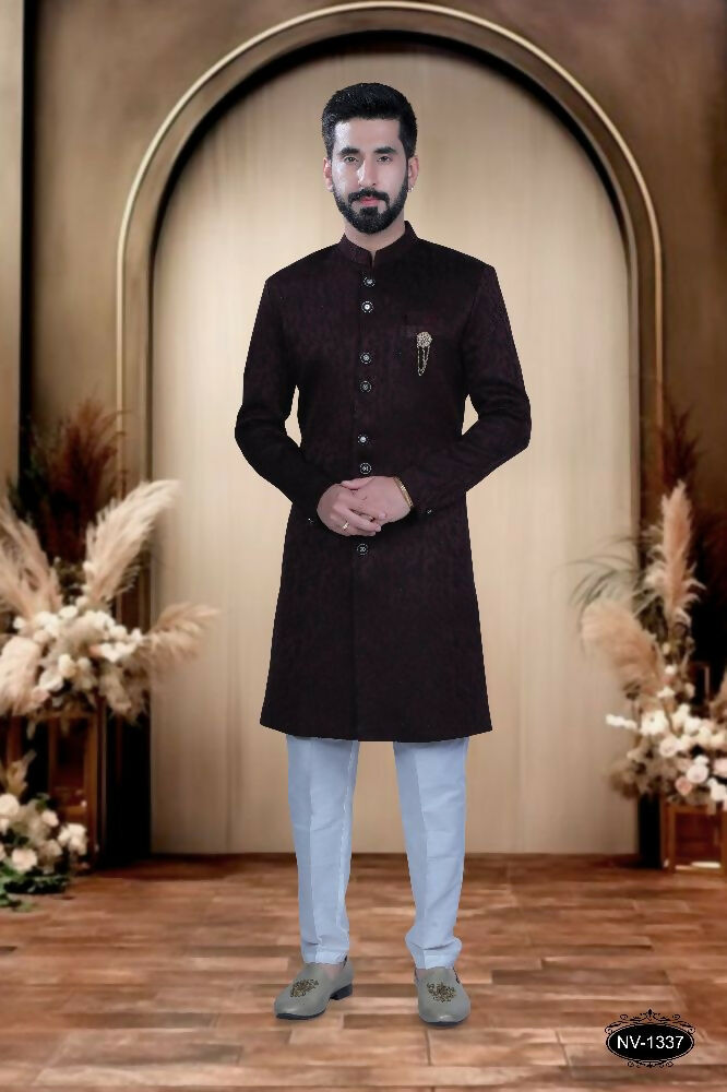 Boys maroon satin kurta with self-design and matching pyjama set