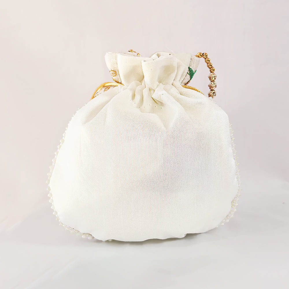 Bridal Silk Brocade Potli Bag with Pearl Border and Beaded Handle