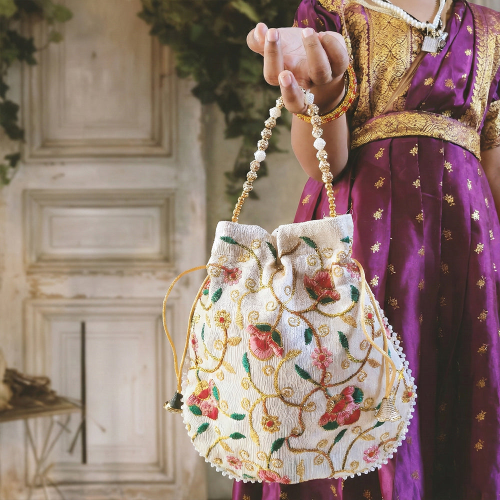 Bridal Silk Brocade Potli Bag with Pearl Border and Beaded Handle